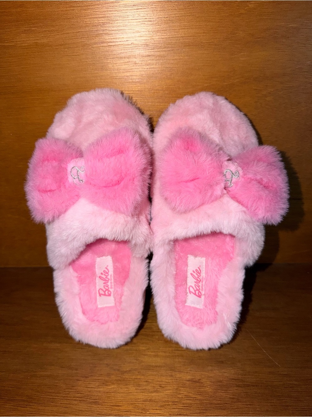 Barbie Plush Pink Bow Slide Slippers